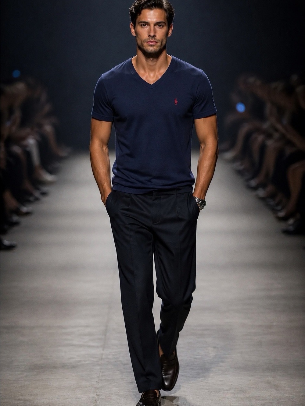 Ralph Lauren Navy V-Neck Short Sleeve Polo Tee with Red Pony